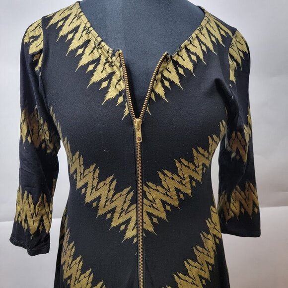 Bel Kazan Black Gold Zip Front Fit & Flare Dress Medium | Bali Made | Boho Mod - Picture 3 of 10